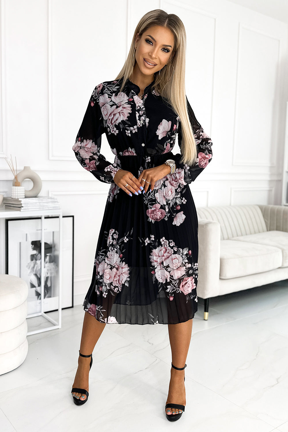 Numoco Basic 449-3 CARLA Pleated midi dress with buttons and long sleeves - roses on a black background-3