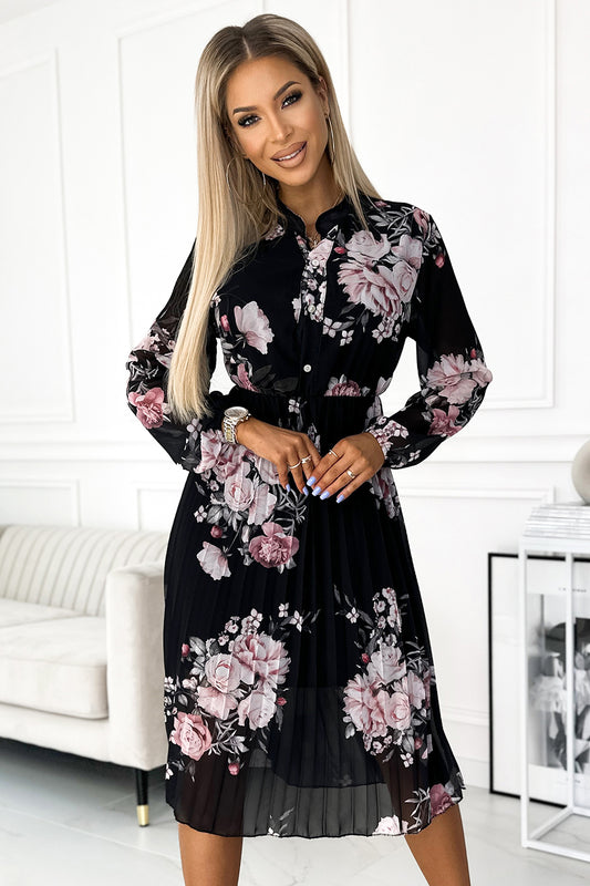 Numoco Basic 449-3 CARLA Pleated midi dress with buttons and long sleeves - roses on a black background-0