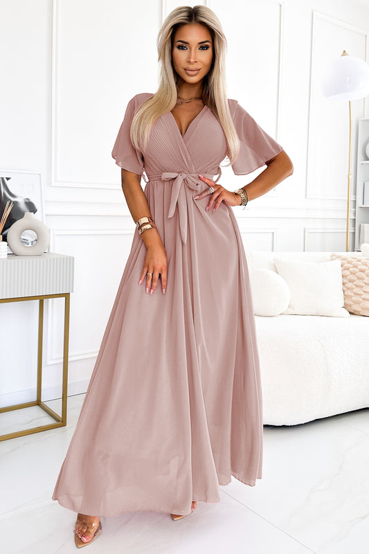 Numoco Basic 545-6 Long dress with pleated neckline and tie - taupe-0