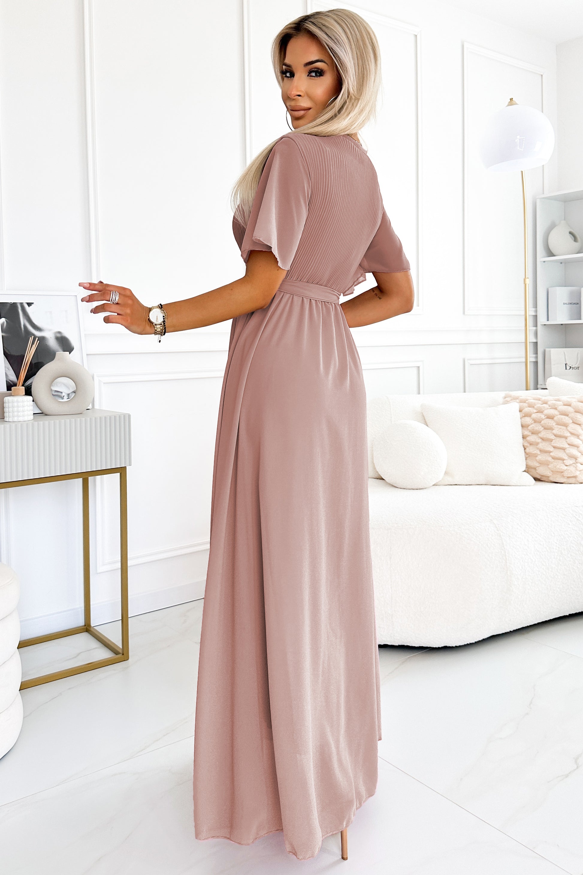 Numoco Basic 545-6 Long dress with pleated neckline and tie - taupe-2
