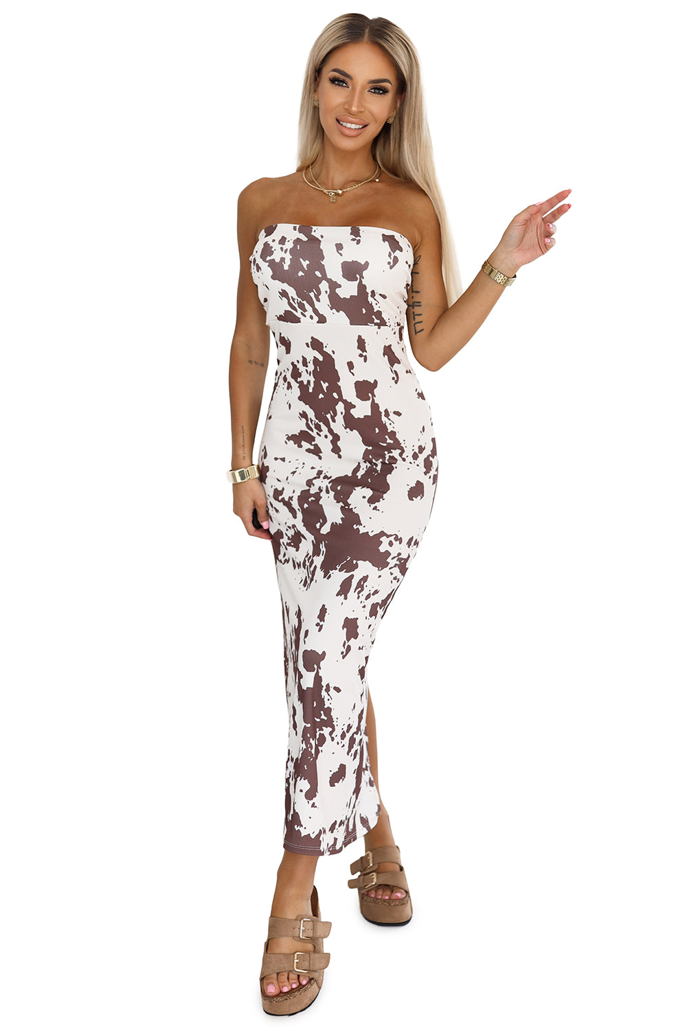 Numoco Basic 611-1 SAVANNAH strapless fitted dress - brown and white boho pattern