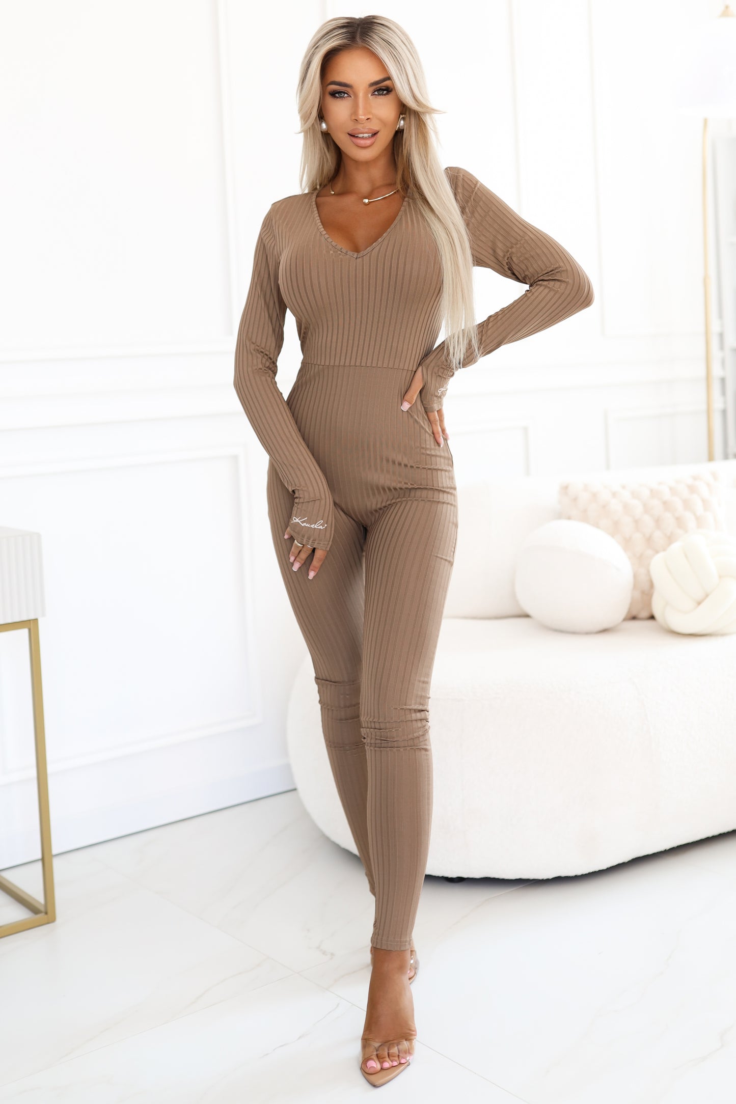 Kocula 619-1 Comfortable and elegant ribbed women's jumpsuit with a neckline - mocha mousse-0