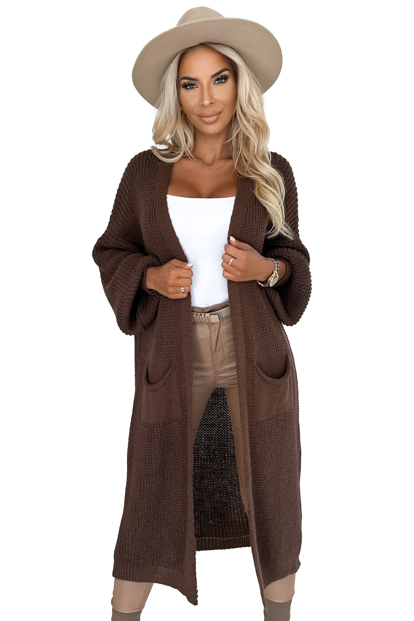 Numoco Basic 627-2 Cardigan - long sweater cape with pockets - chocolate color-6