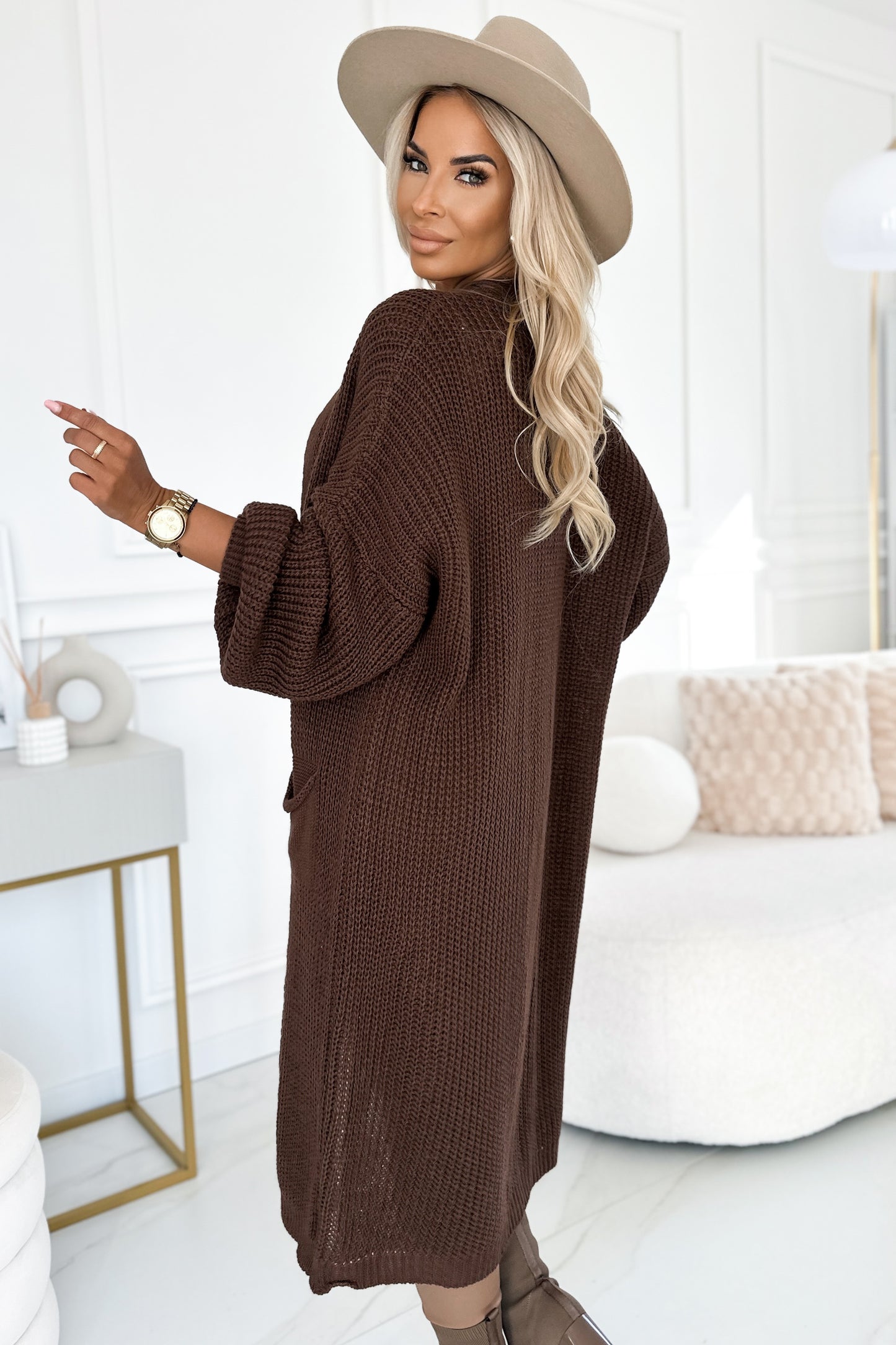 Numoco Basic 627-2 Cardigan - long sweater cape with pockets - chocolate color-2