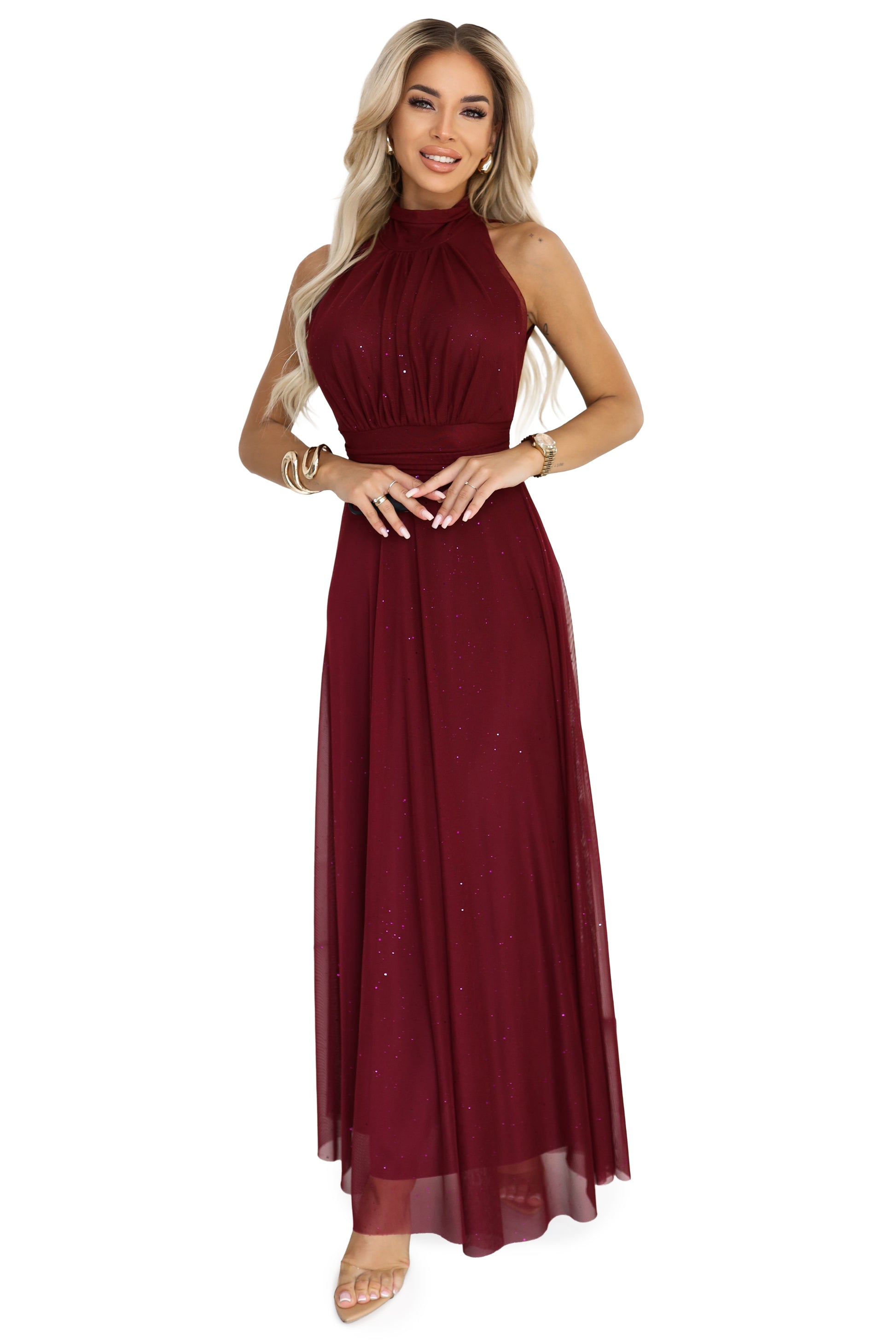 Numoco Basic 636-1 VERONICA luxurious long dress with a brocade accent and a chic shape - burgundy-6