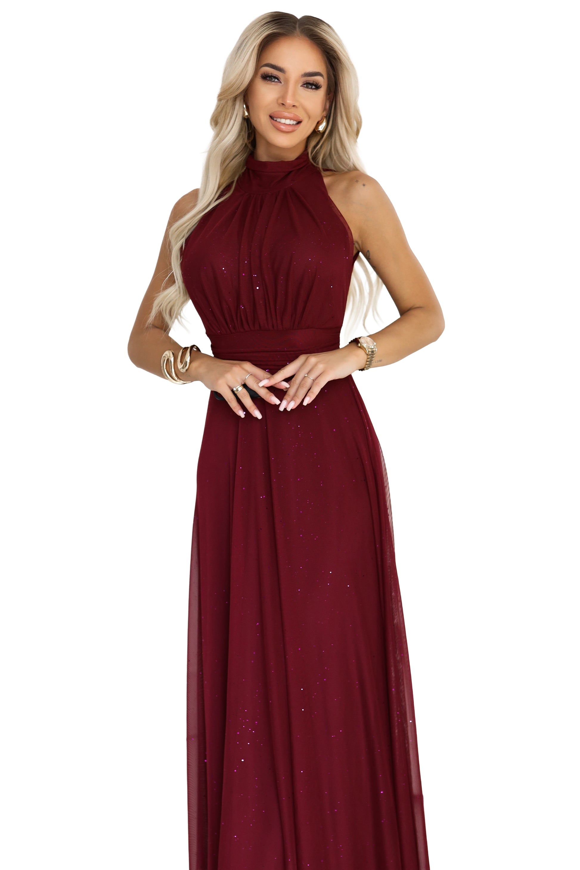 Numoco Basic 636-1 VERONICA luxurious long dress with a brocade accent and a chic shape - burgundy-7