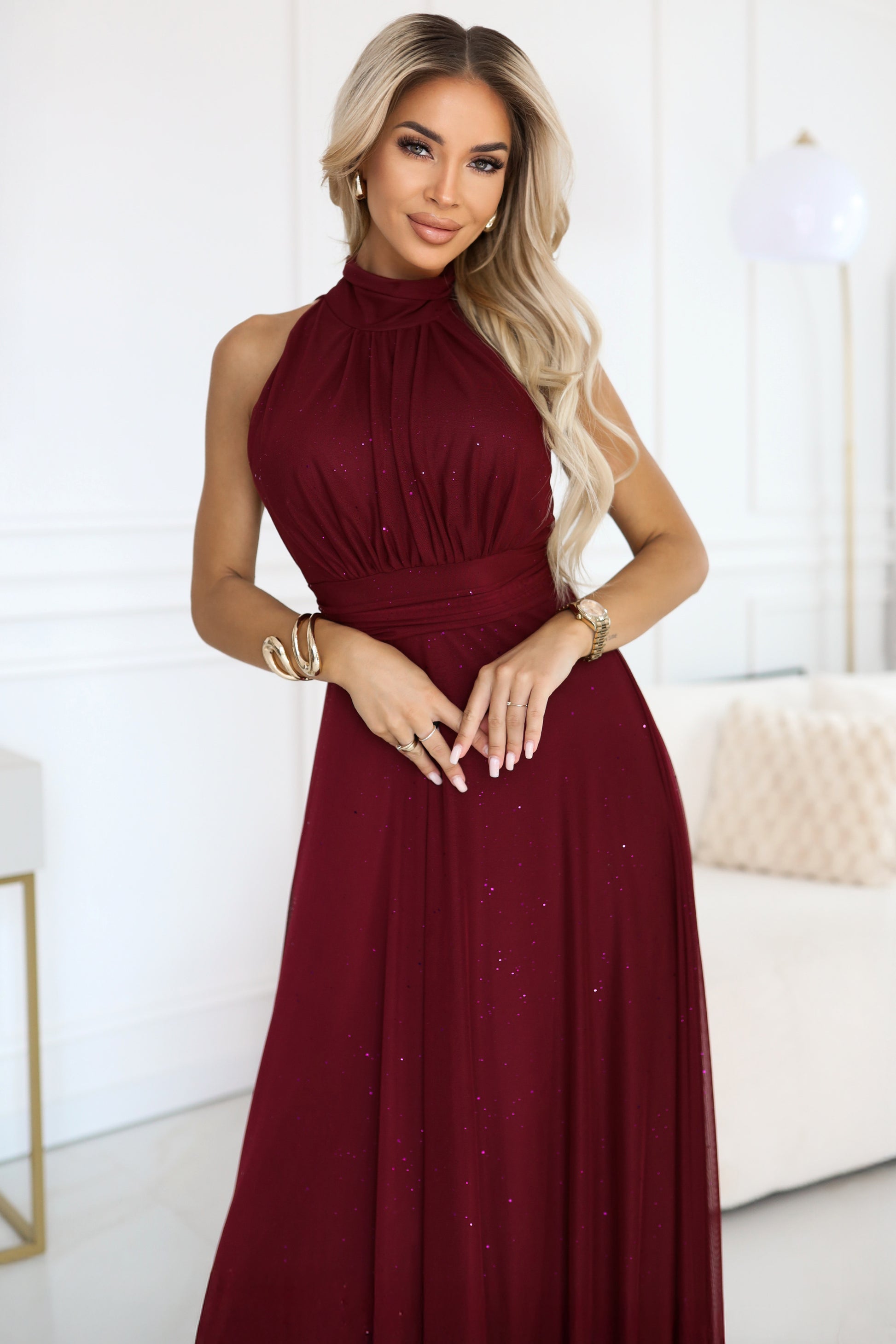 Numoco Basic 636-1 VERONICA luxurious long dress with a brocade accent and a chic shape - burgundy-1