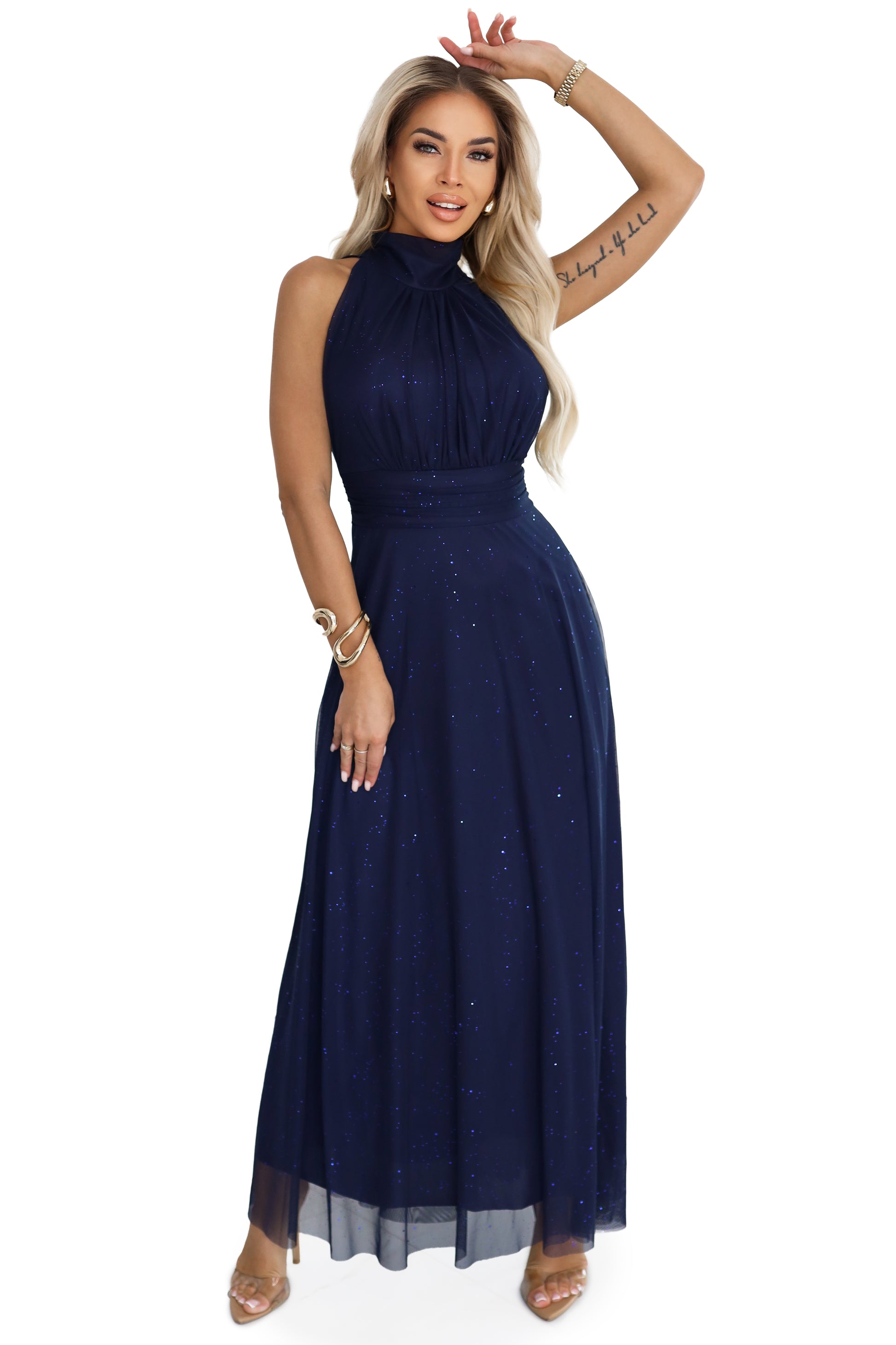 Numoco Basic 636-2 VERONICA luxurious long dress with a brocade accent and a chic cut - navy blue-6