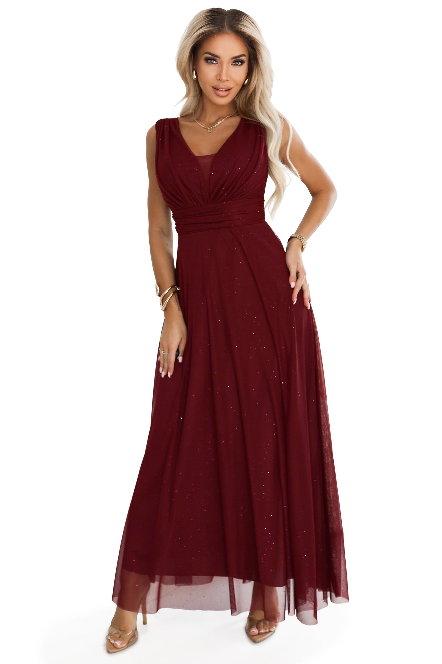 Numoco Basic 637-1 Long evening dress with a brocade accent and a deep neckline - burgundy-6