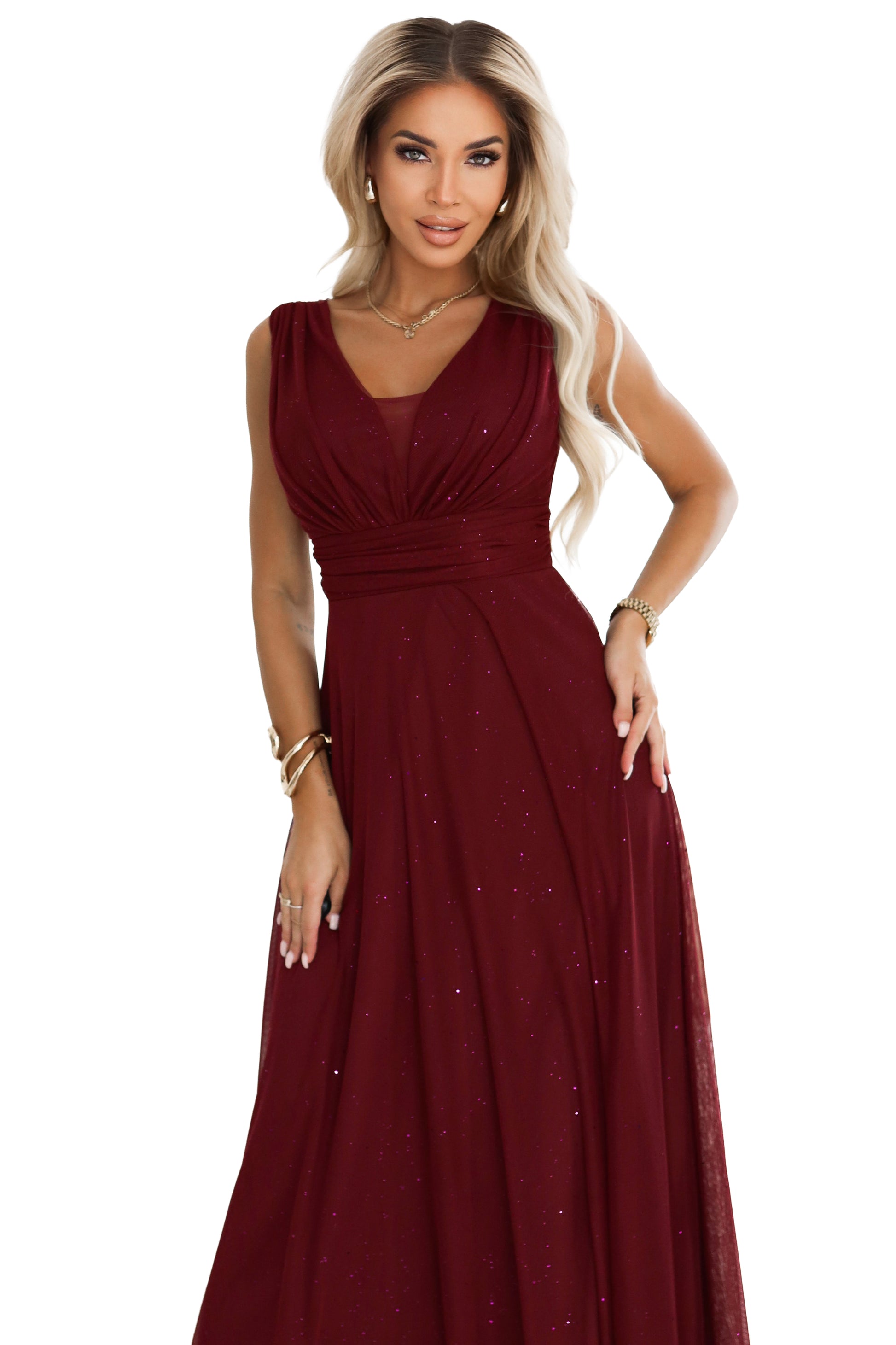 Numoco Basic 637-1 Long evening dress with a brocade accent and a deep neckline - burgundy-7