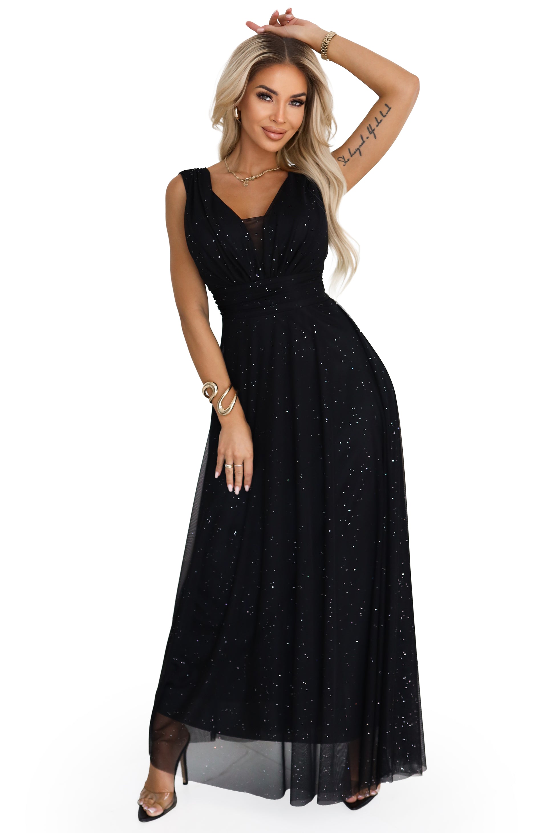 Numoco Basic 637-2 Long evening dress with a glitter accent and a deep neckline - black-7