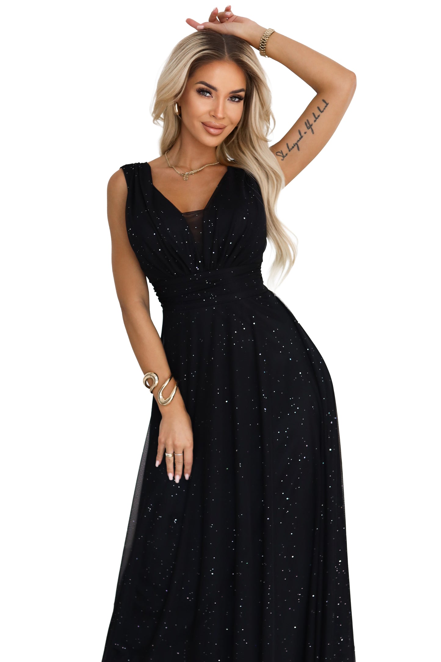 Numoco Basic 637-2 Long evening dress with a glitter accent and a deep neckline - black-6