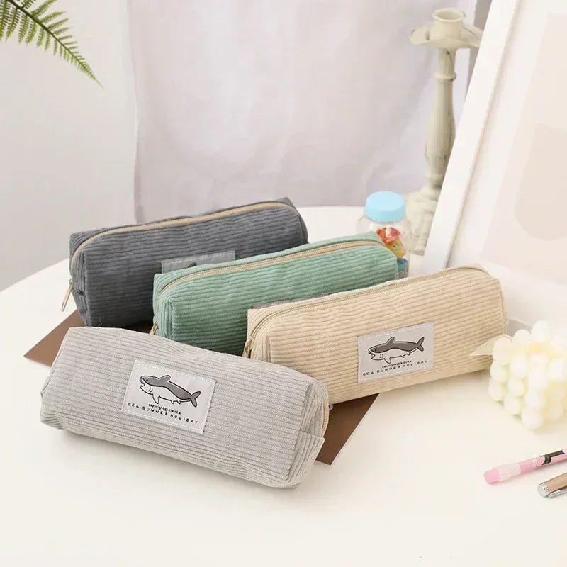 Cute Corduroy Pencil Case Little Shark Embroidery Pen Bag Pouch Gift