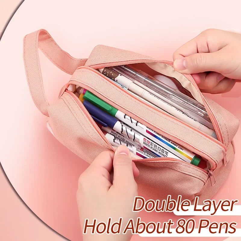 Large Capacity Pencil Cases Double Layer Simple Canvas Bags for Girls