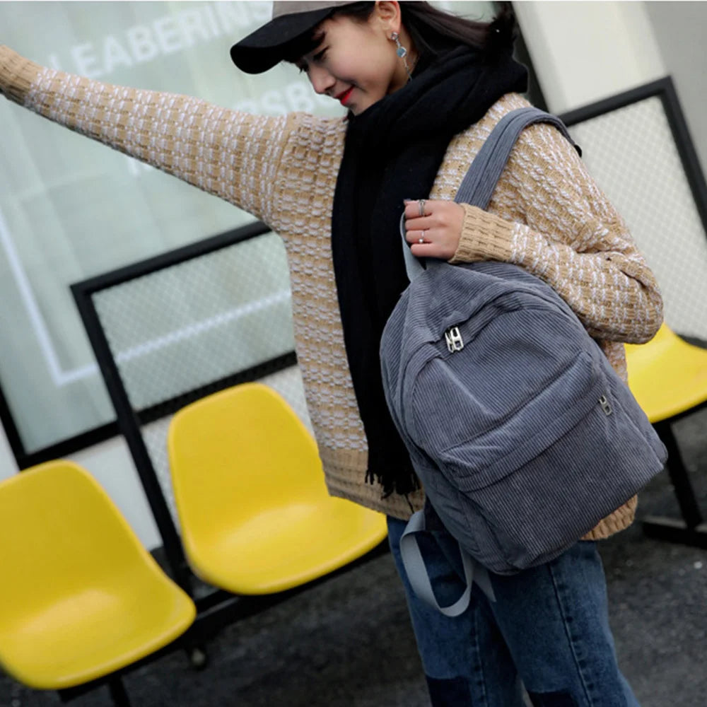 New Trend Backpack Fashion Women Corduroy Backpack College Women Solid