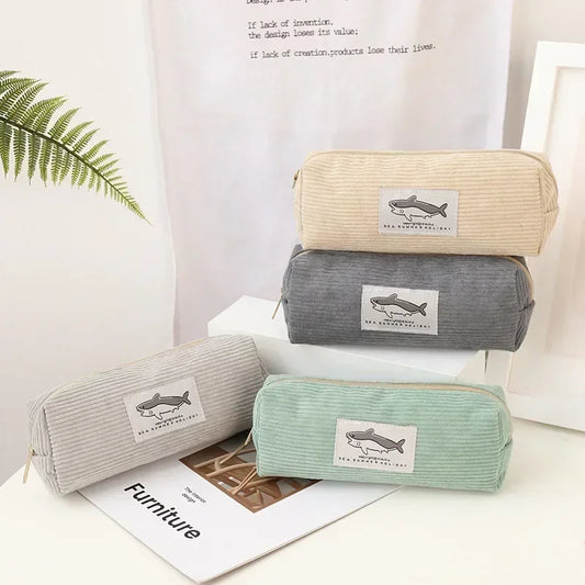 Cute Corduroy Pencil Case Little Shark Embroidery Pen Bag Pouch Gift