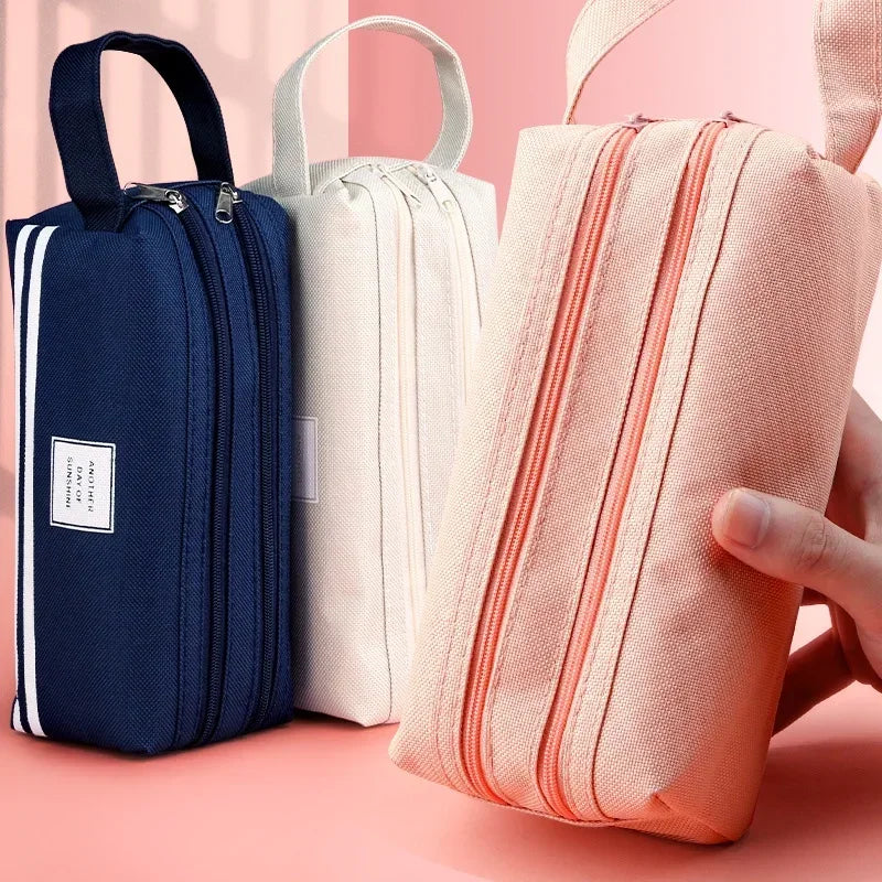 Large Capacity Pencil Cases Double Layer Simple Canvas Bags for Girls