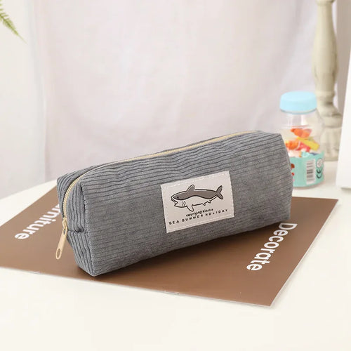 Cute Corduroy Pencil Case Little Shark Embroidery Pen Bag Pouch Gift