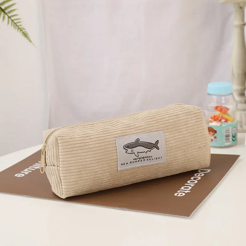 Cute Corduroy Pencil Case Little Shark Embroidery Pen Bag Pouch Gift