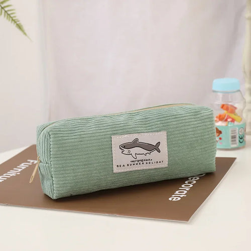 Cute Corduroy Pencil Case Little Shark Embroidery Pen Bag Pouch Gift