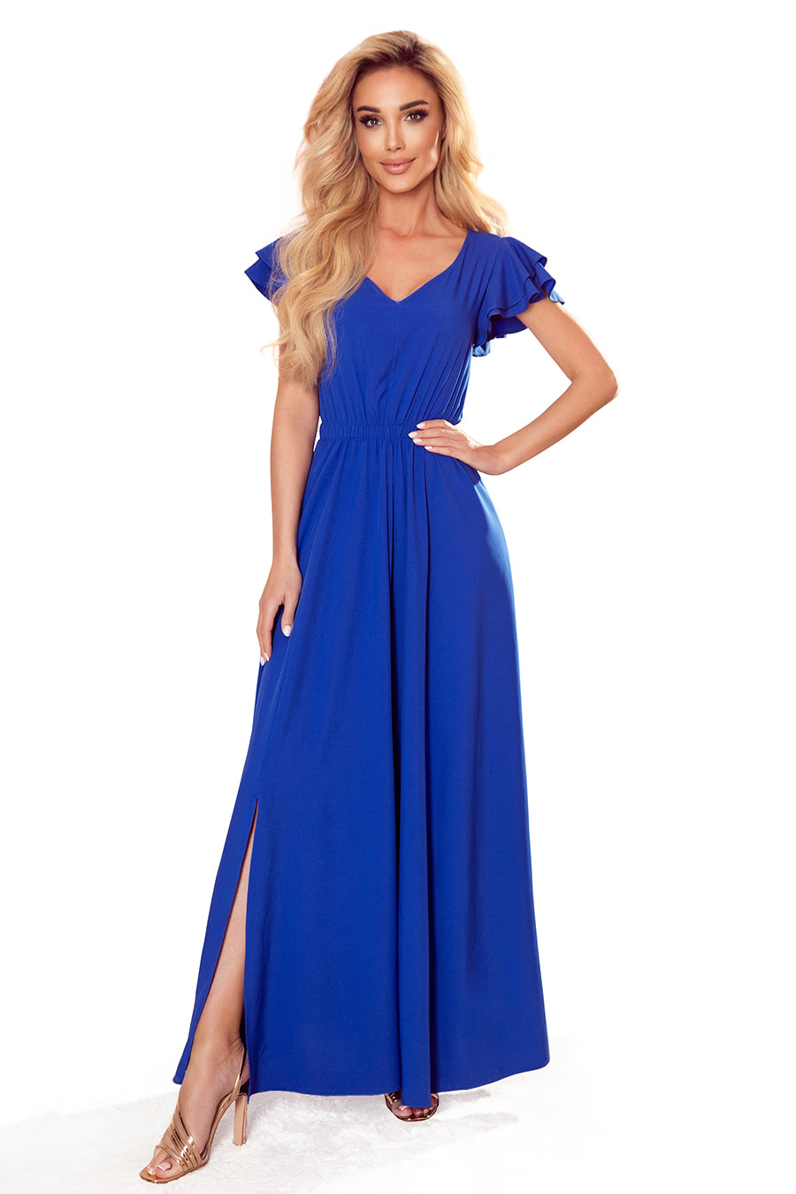Numoco 310-3 LIDIA long dress with neckline and frills - Royal Blue-5