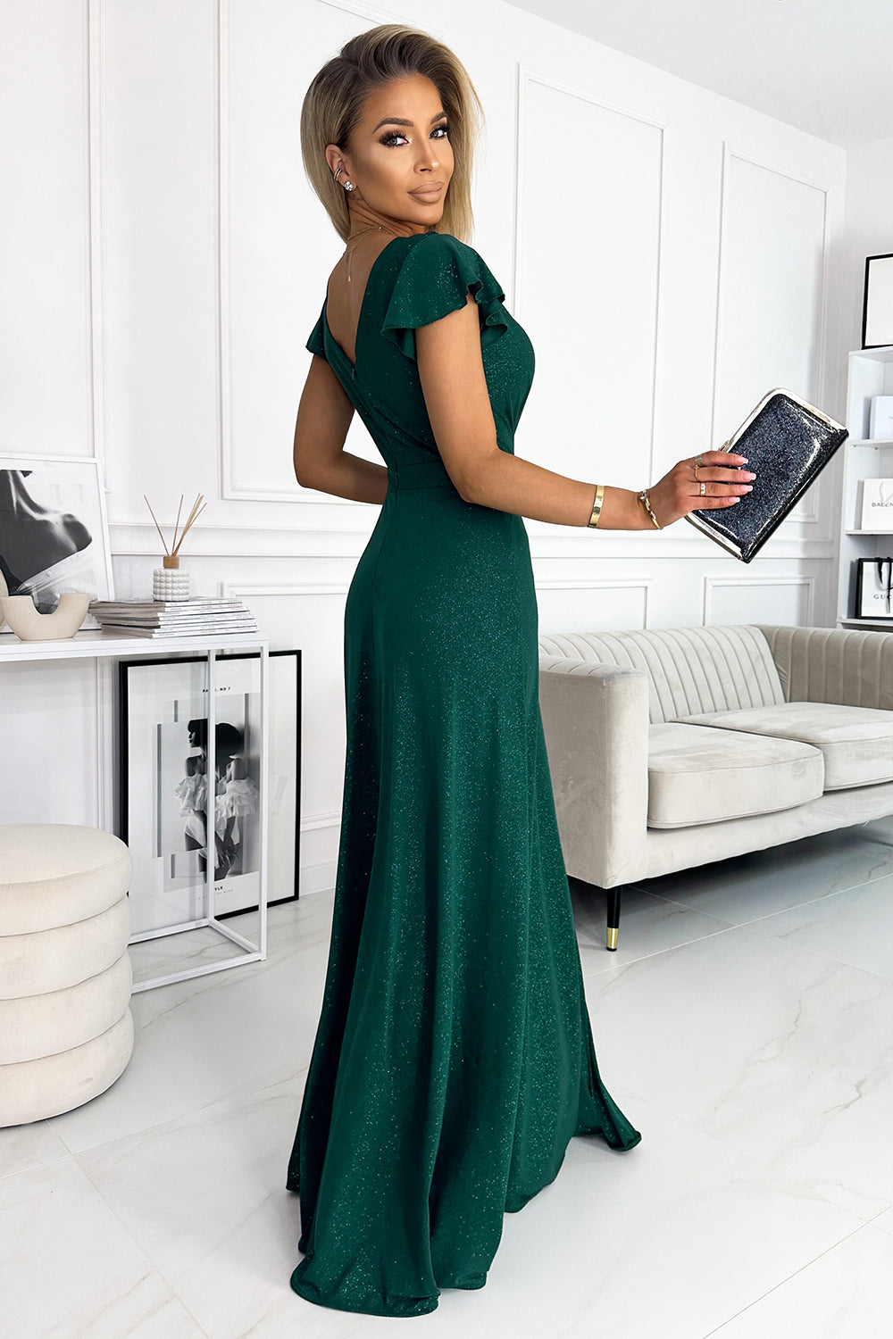 Numoco 411-1 CRYSTAL long shimmering dress with a neckline - green