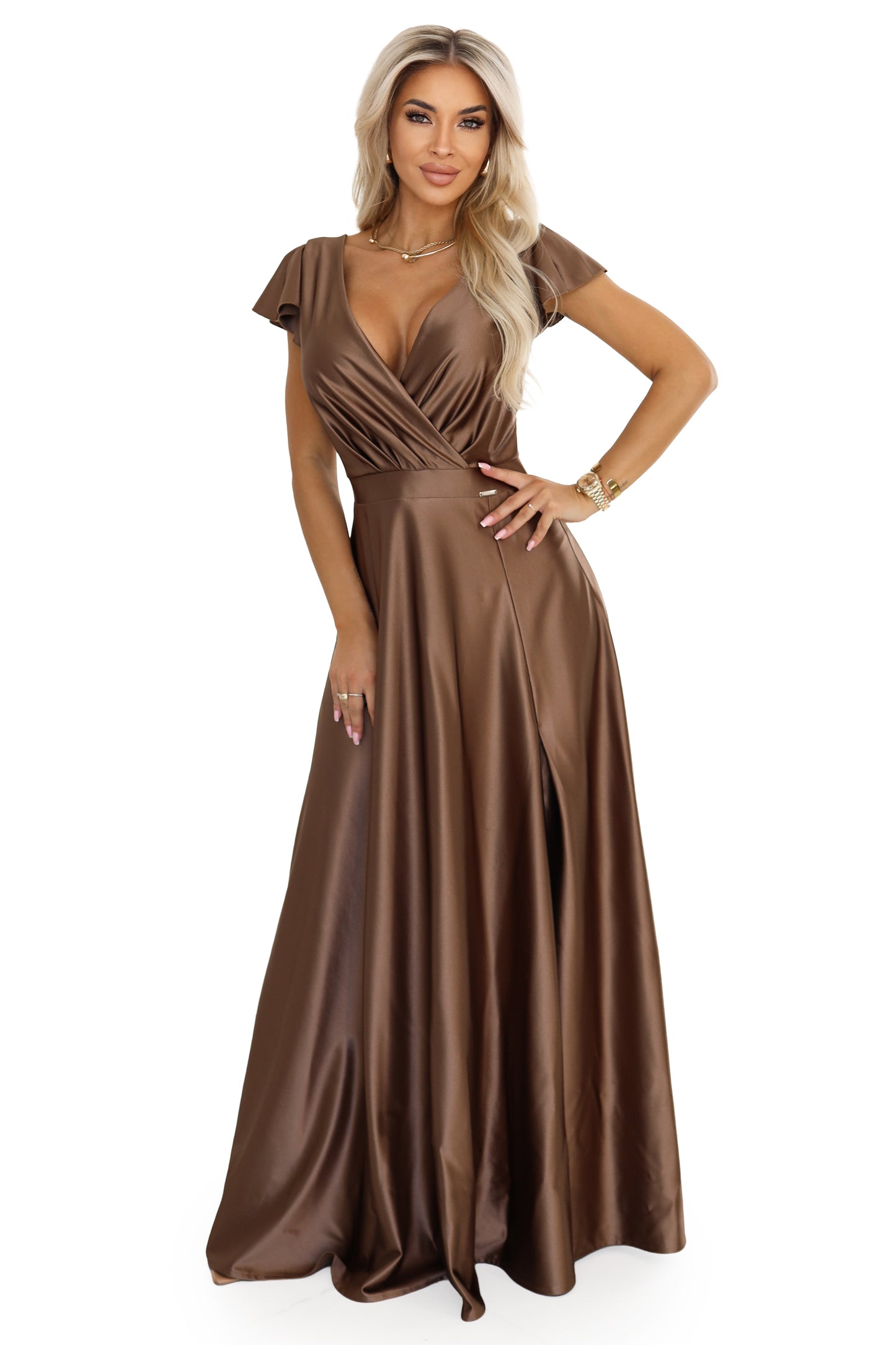 Numoco 411-14 CRYSTAL satin long dress with a neckline - mocha mousse-7