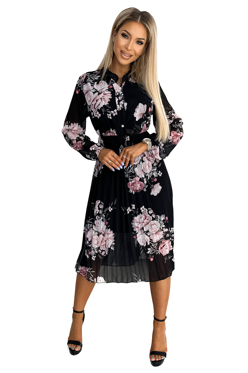 Numoco Basic 449-3 CARLA Pleated midi dress with buttons and long sleeves - roses on a black background-6