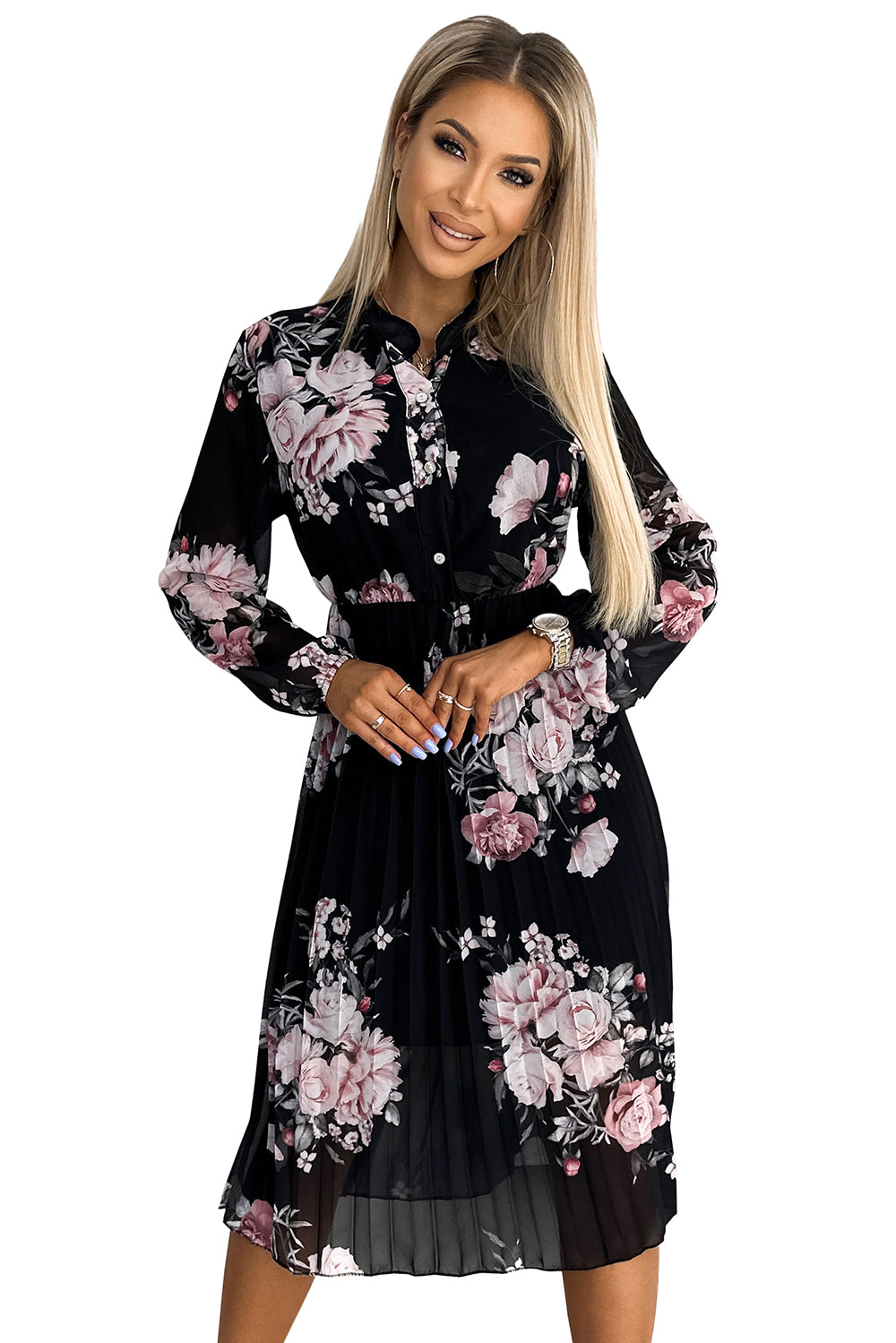 Numoco Basic 449-3 CARLA Pleated midi dress with buttons and long sleeves - roses on a black background-7