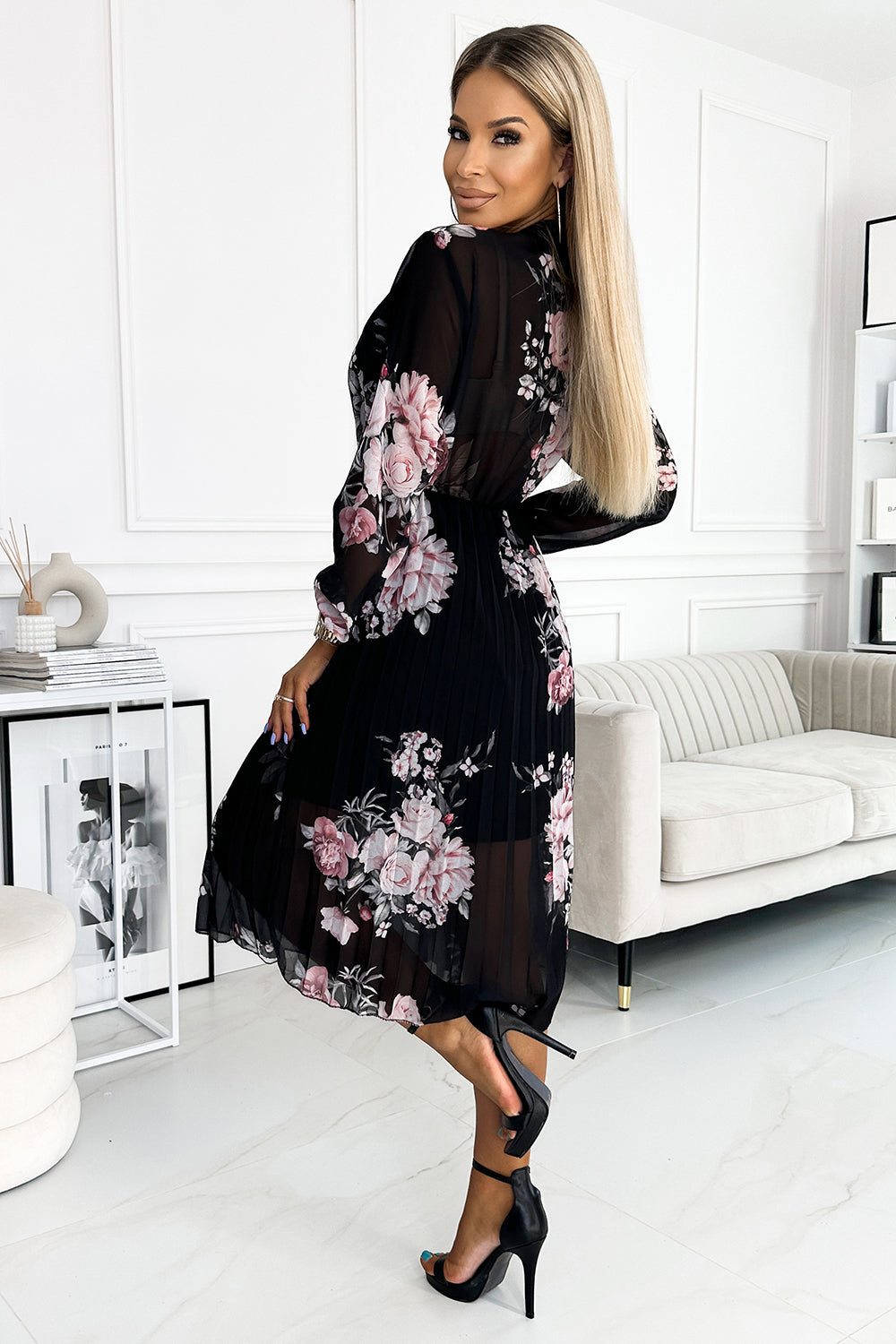Numoco Basic 449-3 CARLA Pleated midi dress with buttons and long sleeves - roses on a black background-1
