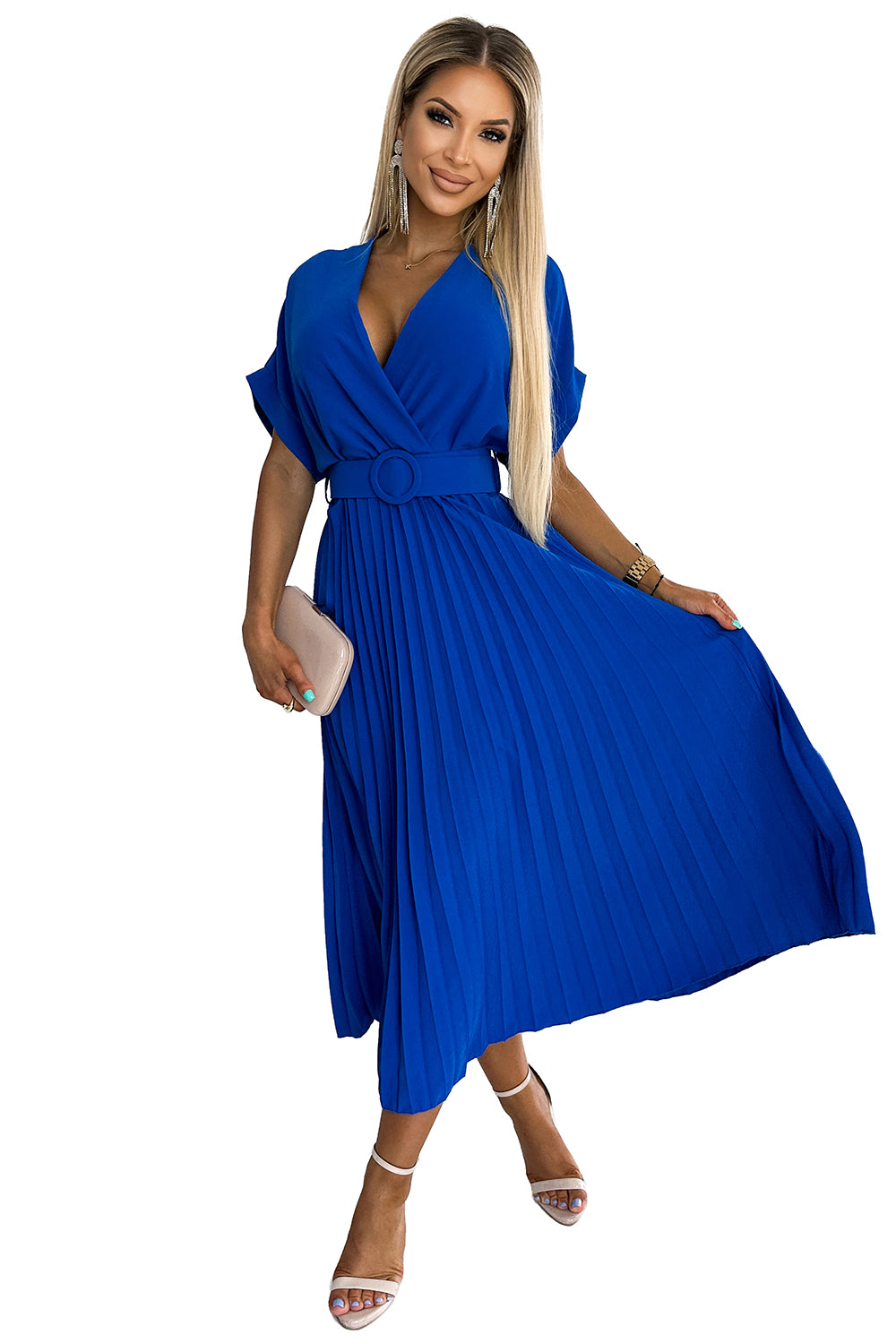 Numoco Basic 471-2 FELICIA Pleated midi dress with a neckline and a wide belt - blue-6