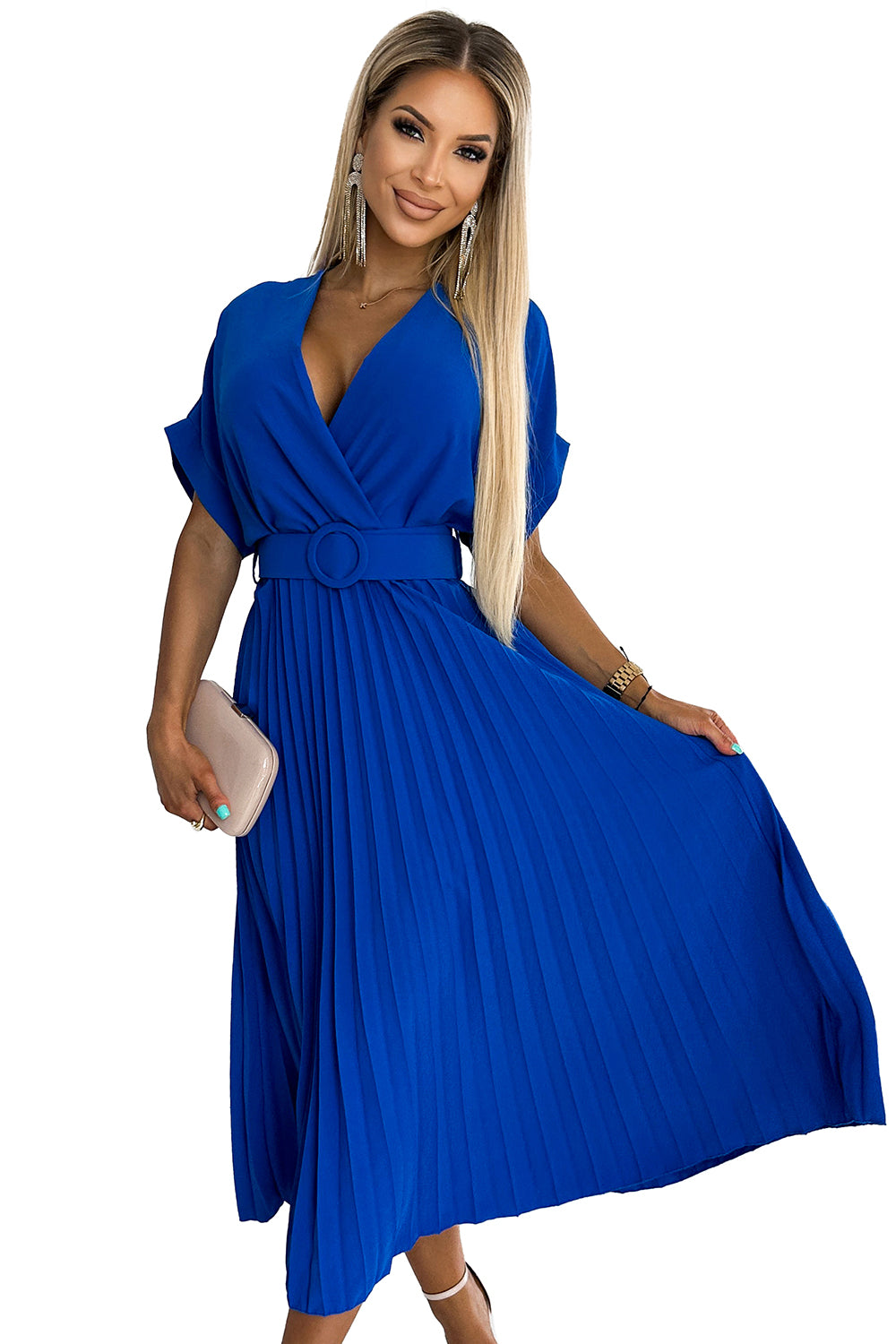 Numoco Basic 471-2 FELICIA Pleated midi dress with a neckline and a wide belt - blue-7
