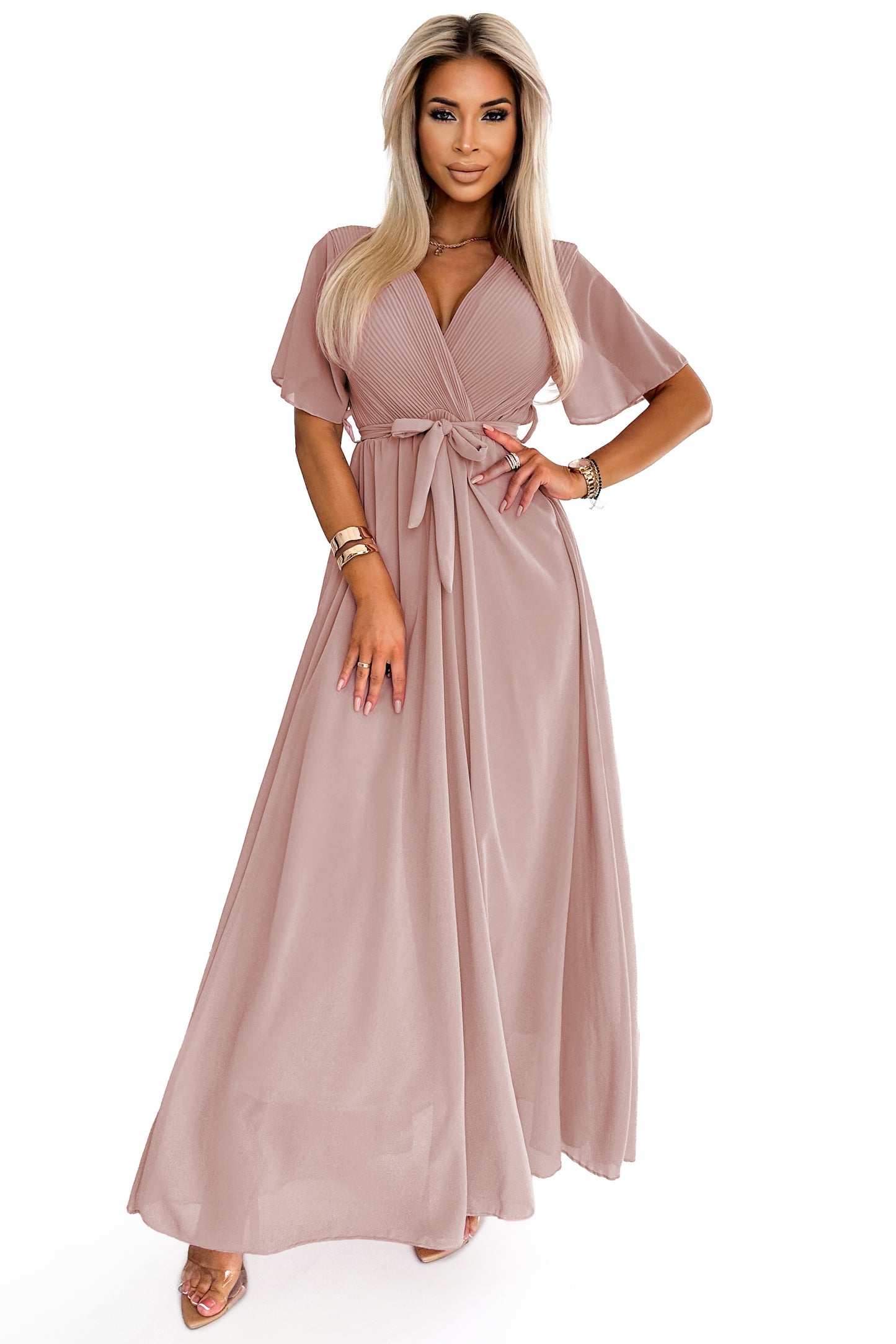 Numoco Basic 545-6 Long dress with pleated neckline and tie - taupe-6