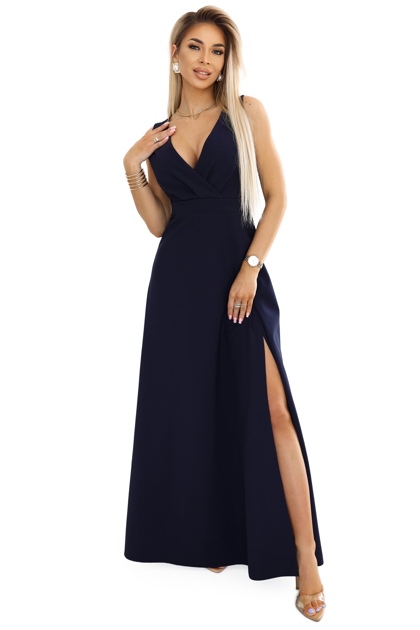Numoco 634-1 MIRA elegant maxi dress with a wrap neckline and a slit on the leg - navy blue-7