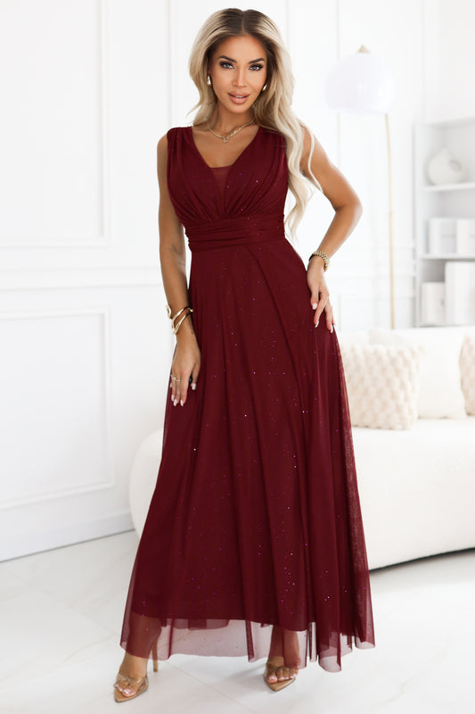Numoco Basic 637-1 Long evening dress with a brocade accent and a deep neckline - burgundy-0