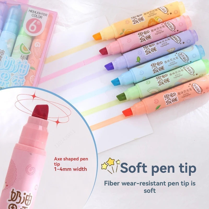 6pcs Creamy Fruity Aroma Highlighters Pastel Cute Highlighter Assorted
