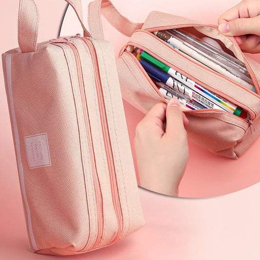 Large Capacity Pencil Cases Double Layer Simple Canvas Bags for Girls