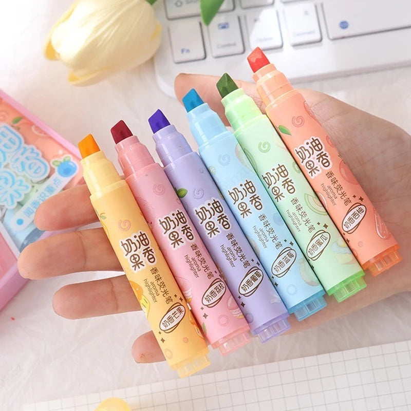 6pcs Creamy Fruity Aroma Highlighters Pastel Cute Highlighter Assorted