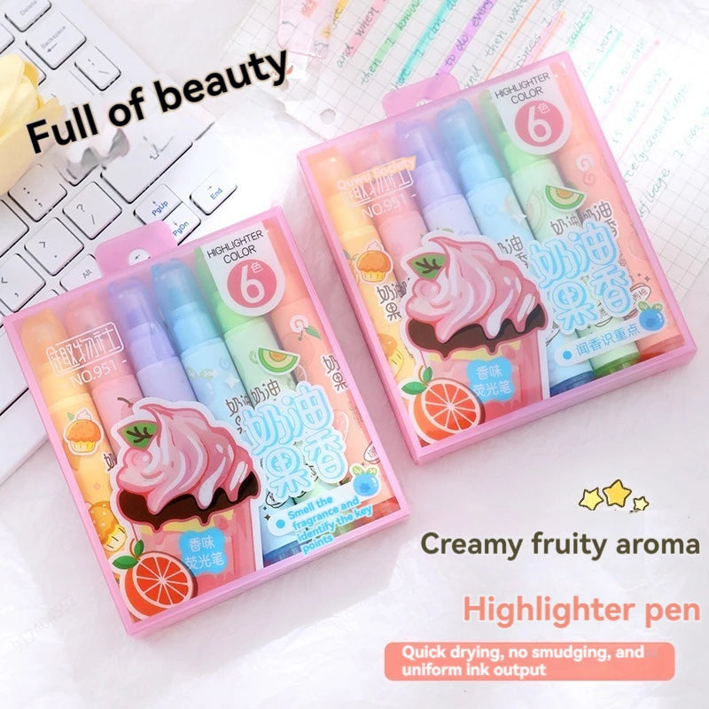 6pcs Creamy Fruity Aroma Highlighters Pastel Cute Highlighter Assorted